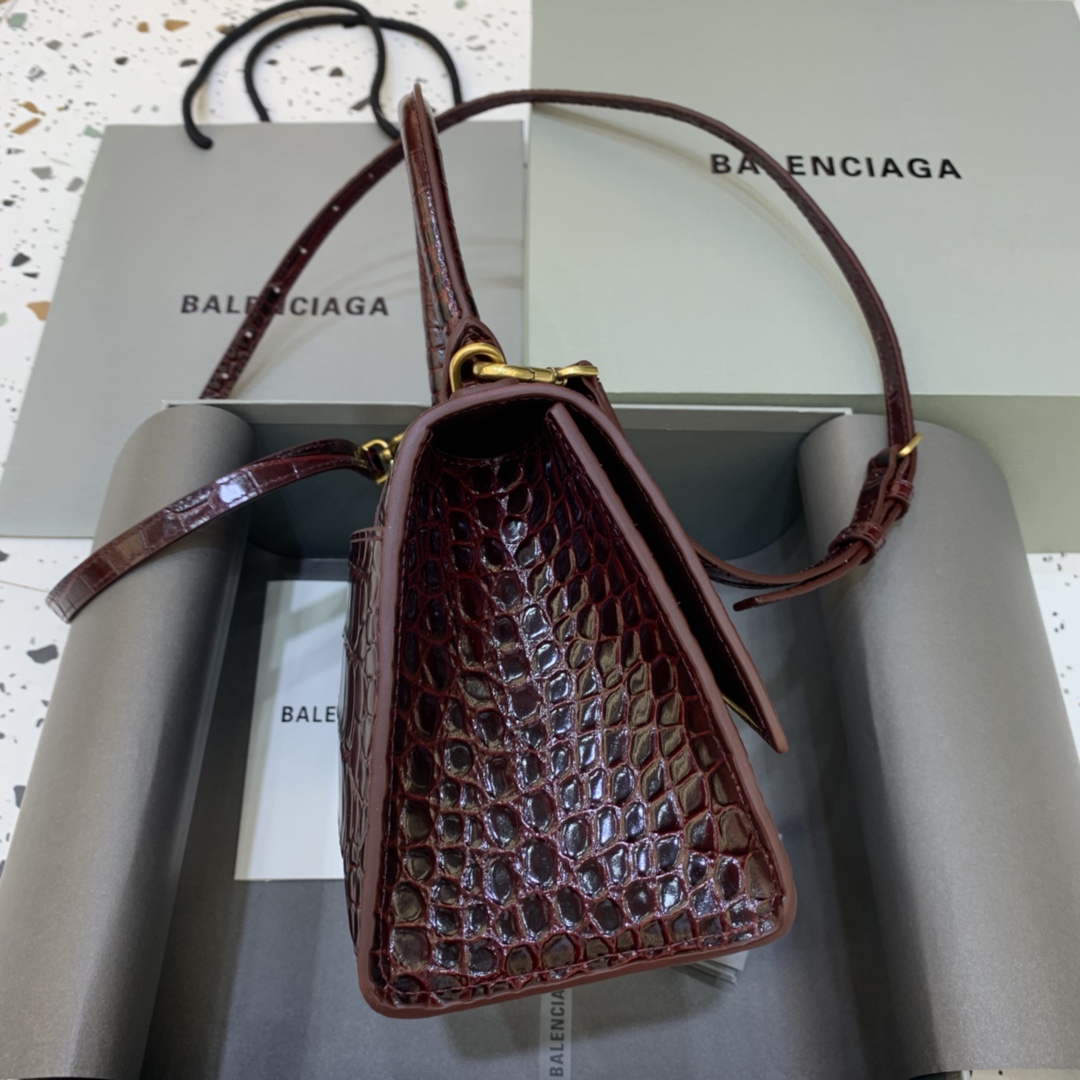 Balenciaga Hourglass Small Handbag Crocodile Embossed Shoulder Bag Dark Brown